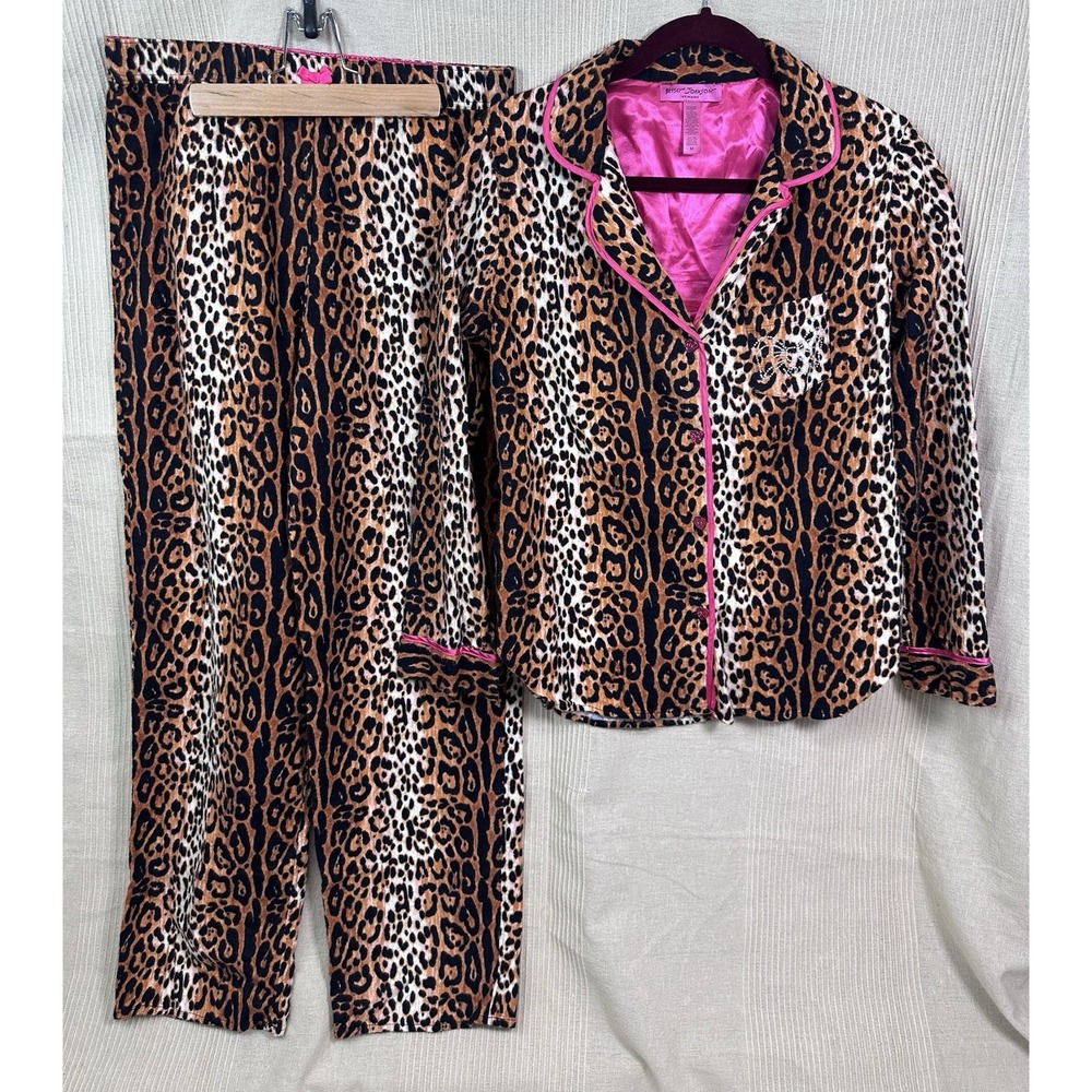 Betsey Johnson Leopard Print Pajama Set M Pink Bling Pocket PJ Women Satin Trim